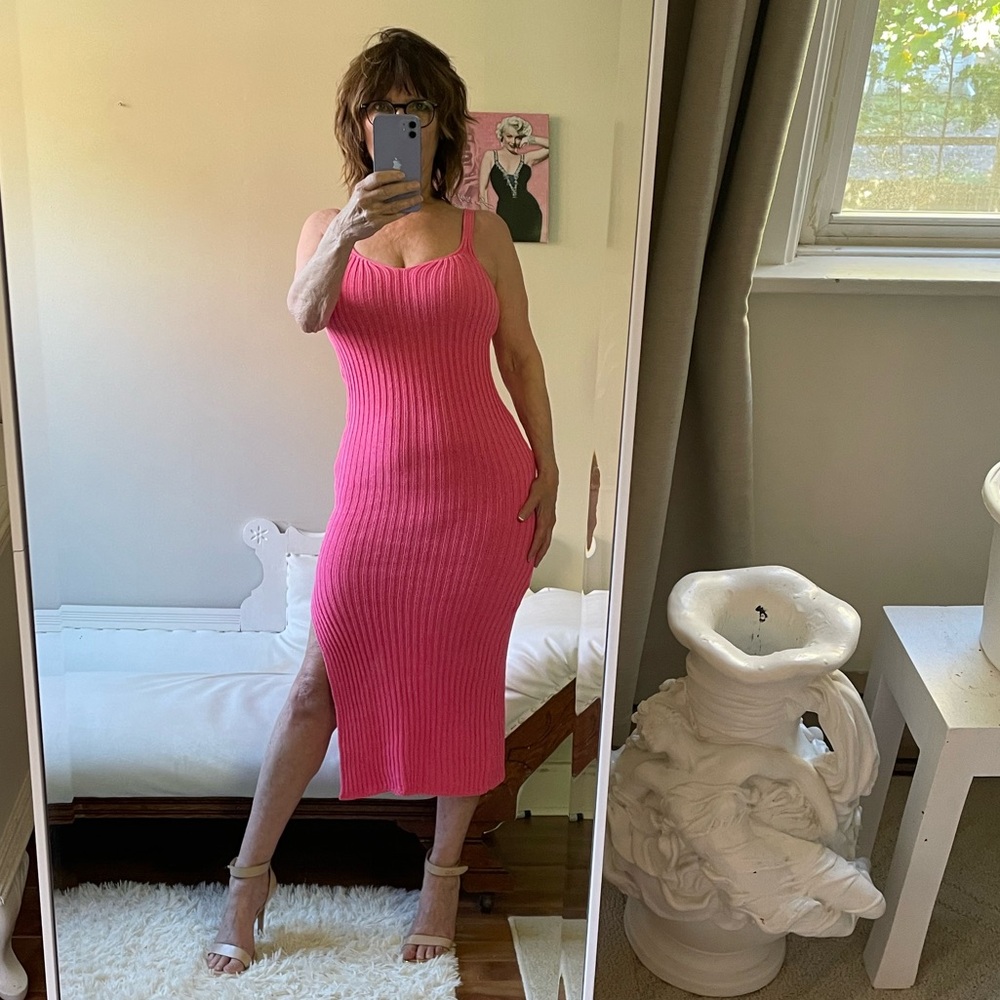 NWT HOT PINK RIBBED KNIT TANK DRESS SIDE SLIT COTTON BLEND STRETCH STRAPS